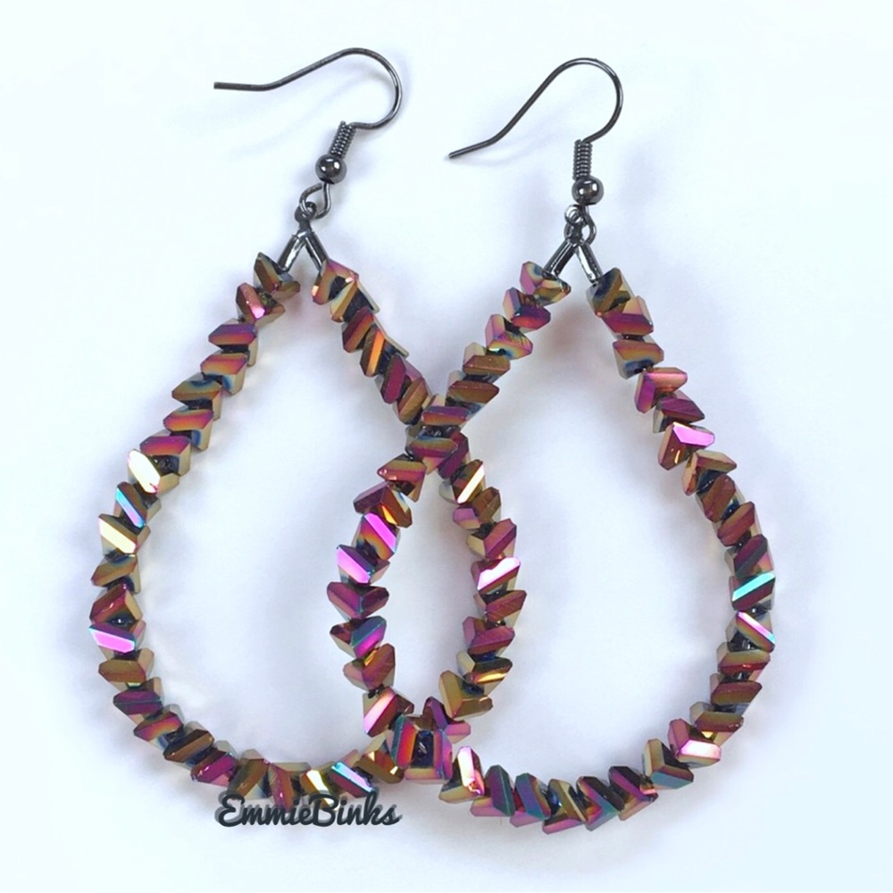 New FP Oil Slick Holographic Beaded Teardrop Dangle Earrings - Picture 11 of 14